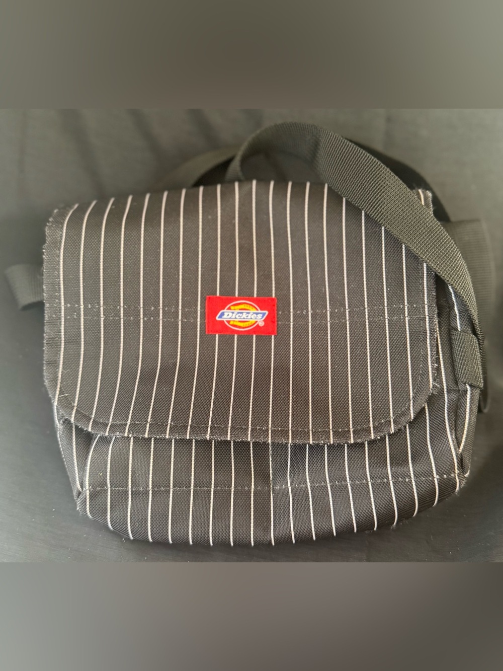 Dickies Black Pinstripe Flap Crossbody with Red Logo Patch